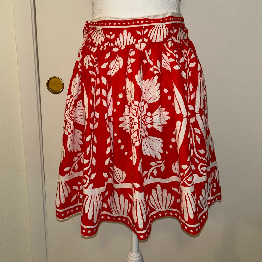 Haute Hippie Scarlet and Ivory A-Line Skirt Linen